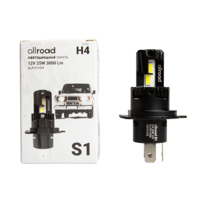 Комплект светодиодных ламп Allroad S1 ALRS1H04 / H4 / P43t / 6000K / 3000Лм / 25Вт / холодный белый