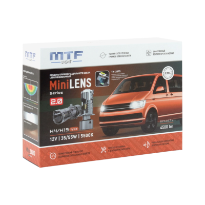 Комплект светодиодных ламп LED MTF Light MH4K5 / H4/H19 / {P43t, PU43t} / 5500K / 4500Лм / 55Вт / холодный белый